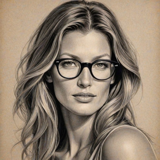 Stunning Gisele Bundchen, pencil sketch, portrait of Bewitching woman 1922s in glasses, hair style beatnik, outline, clear lines, fine lines, 8k