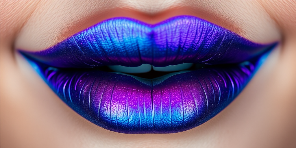 Duochrome teal-to-purple lips mesmerize in the "Mermaid's Kiss" design, featuring a unique color-shifting effect that transforms from a deep teal base to a shimmering purple depending on the light and viewing angle, creating a captivating and otherworldly lip look that's perfect for fantasy-themed events or creative editorial shoots