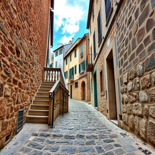regenerate the image of a rustic stone staircase leading to a cobblestone street with buildings in the background, use a DSLR camera, aperture f/8, ISO 100, shutter speed 1/125, wide-angle view, HDR photography style