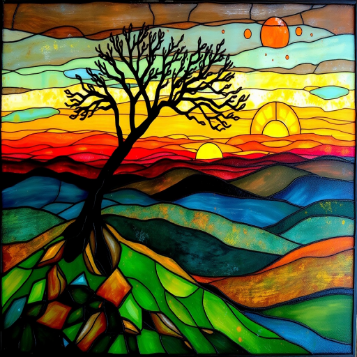 A vibrant abstract painting on Tiffany Glass, blending acrylic and alcohol ink techniques, captures a dramatic sunset over rolling hills. The artwork features a textured, rocky foreground in green and brown, layered abstract hills, and a striking sunset in rich oranges, yellows, and reds. A solitary black tree with intricate branches contrasts against the fiery sky, creating a dynamic and expressive portrayal of a breathtaking natural scene.