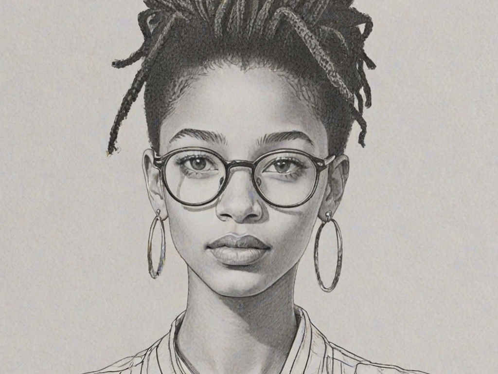 Dazzling Willow Smith, pencil sketch, portrait of Comely woman 1980s in glasses, hair style beatnik, outline, clear lines, fine lines, 8k