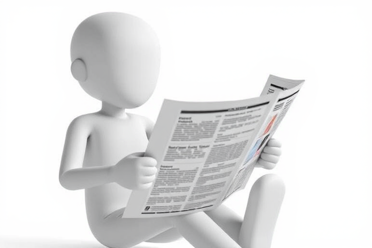 Create a 3D character model of a humanoid figure with simplified features reading a newspaper, high-resolution, soft lighting, ISO 100, f/4 aperture, 50mm lens, shot from a slightly elevated angle, white background for contrast.