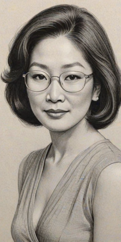 Elegant Connie Chung, pencil sketch, portrait of Magnificent woman 1929s in glasses, hair style beatnik, outline, clear lines, fine lines, 8k