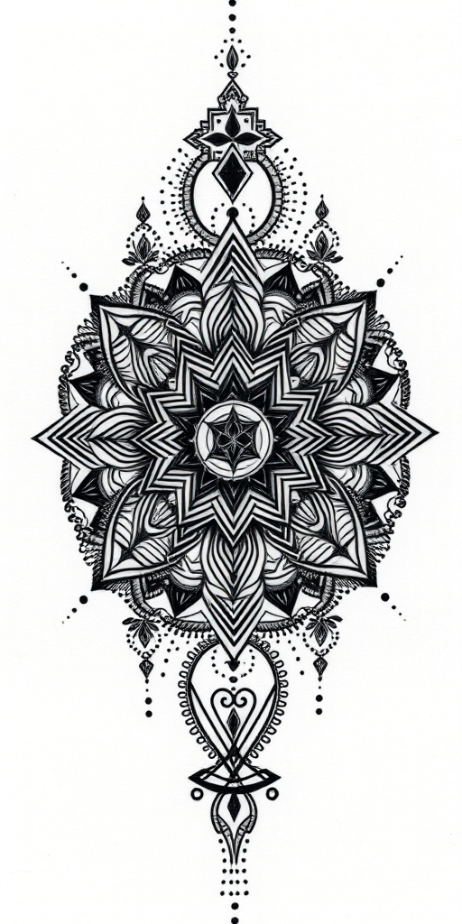 Blackwork sacred geometry tattoo featuring intricate mandala patterns and mystical symbols, gradually fading from solid black to delicate dotwork for a mesmerizing visual effect