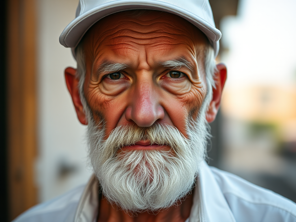 portrait of an elderly man with a white beard wearing a white cap and shirt, serious expression, shallow depth of field, soft natural lighting, Canon EOS R5, 85mm f/1.2, ISO 200, aperture f/2.8, focus on the subject, blurred background