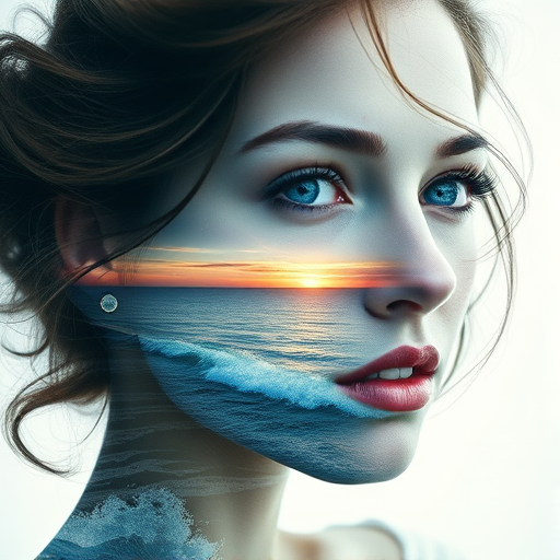 design Book cover, A surreal double exposure portrait that blends a woman's face with a beautiful seascape. The overall mood is dreamy and mystical, with rich colors and intricate details