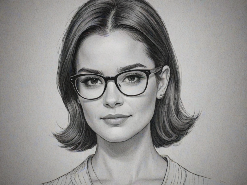 Charming Brianna Hildebrand, pencil sketch, portrait of Charming woman 1967s in glasses, hair style beatnik, outline, clear lines, fine lines, 8k