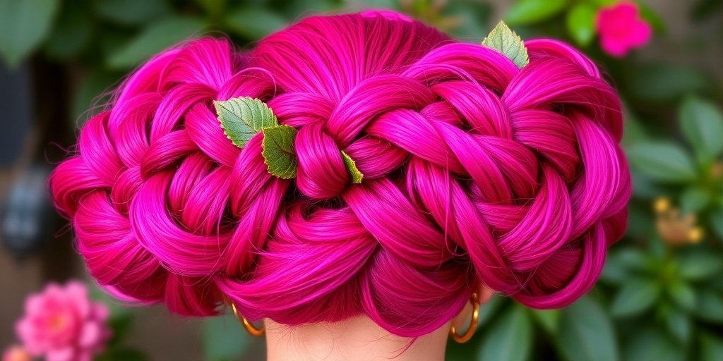 Vibrant magenta hair arranged in an elaborate updo resembling a blooming flower, with intricate braids and twists forming petals and leaves, embodying a botanical masterpiece named Fuchsia Floret
