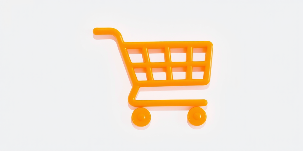 Create a high-resolution image of an orange shopping cart icon on a transparent background using a 50mm lens at f/2.8, with a slight top-down view, capturing vibrant colors and sharp edges with a DSLR camera.