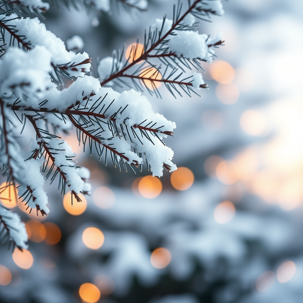 Create an image of a snowy tree branch with soft white snow covering the needles and blurred warm golden lights in the background creating a cozy winter atmosphere