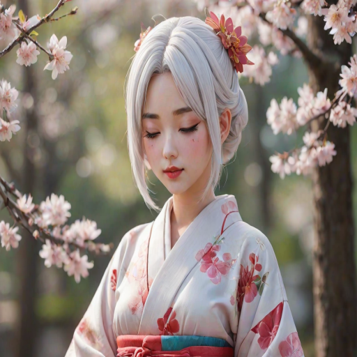 i want the whole image to be created in 3D anime style, 1girl, solo, blush, hair ornament, closed mouth, closed eyes, upper body, flower, white hair, japanese clothes, hair flower, kimono, blurry, eyelashes, makeup, depth of field, blurry background, drill hair, floral print, lipstick, eyeshadow, hair rings, kanzashi