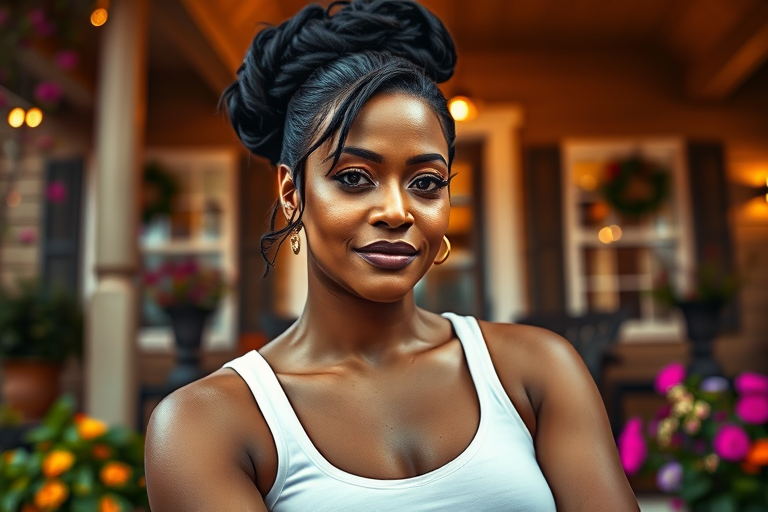 A photo of Taraji P. Henson with a background of a cozy porch. She has dark hair pulled back in an updo, with tendrils framing her face. She wears a white tank top and sits on the porch. The porch is part of a well-lit home with a warm, earthy tone and colorful flowers and foliage. The overall scene has a warm, welcoming, and comfortable ambiance.