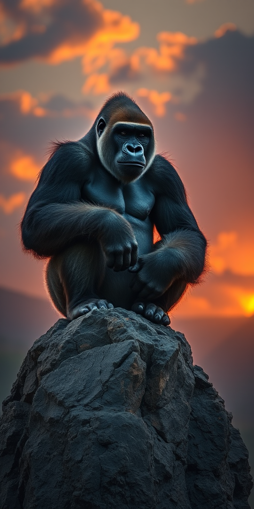 A powerful gorilla perched on a rocky outcrop during sunset, showcasing strong musculature and dramatic lighting, taken with a Canon EOS R5, 85mm lens, f/1.8, ISO 100, with a cinematic perspective and high dynamic range for enhanced details.