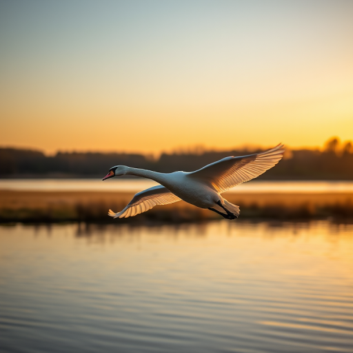 A graceful swan in mid-flight over a tranquil lake at golden hour, captured with a DSLR camera, 300mm lens, f/4 aperture, ISO 200, 1/2000 sec shutter speed, with a shallow depth of field for a soft background blur.