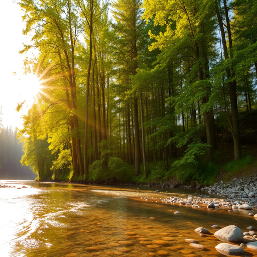 Create an image of a serene, sunlit forest scene with a clear, gently flowing river. Tall trees with lush green foliage line both sides of the river, their leaves bathed in the warm golden light of the setting or rising sun. The sunlight filters through the trees, casting soft, dappled light on the river, which flows over smooth rocks and pebbles, creating a peaceful, natural atmosphere. The sky is bright with a few scattered clouds, and the overall mood is tranquil, evoking a deep sense of connection with nature. The image captures the beauty of a calm, pristine forest landscape at either dawn or dusk.