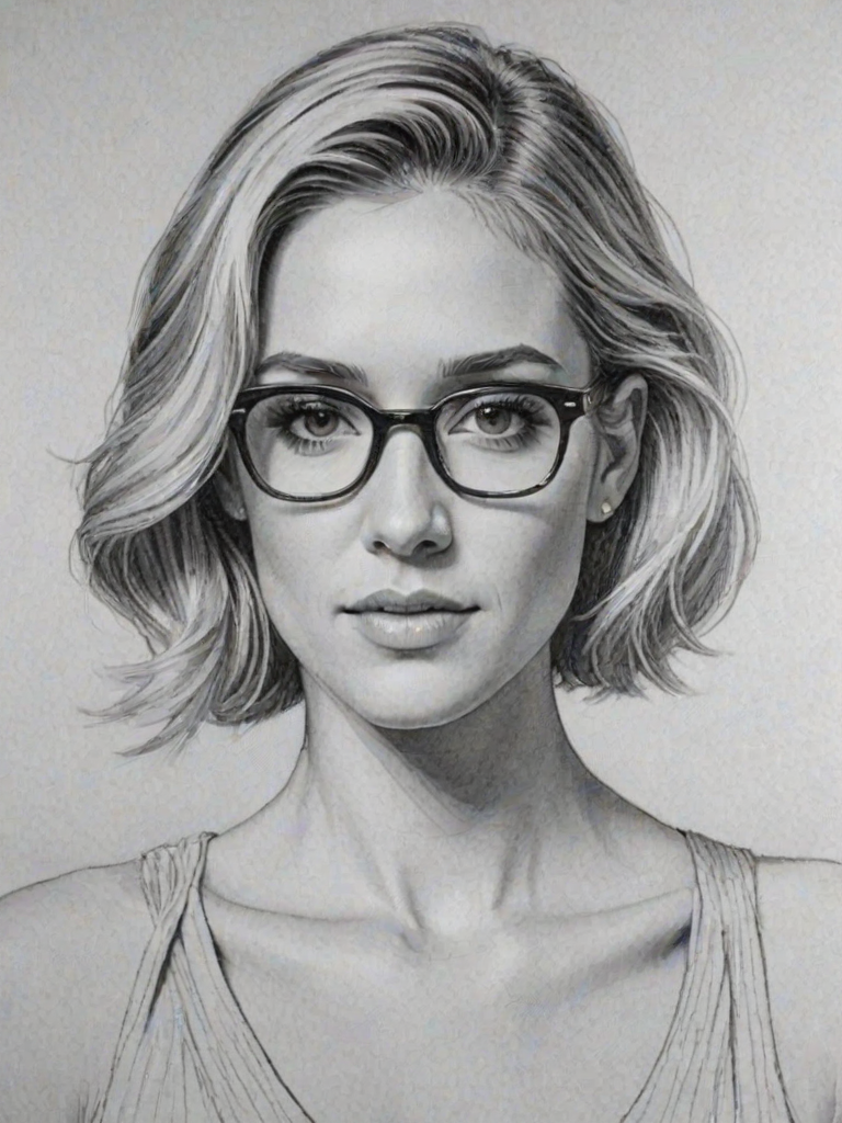 Elegant Kristin Cavallari, pencil sketch, portrait of Resplendent woman 1936s in glasses, hair style beatnik, outline, clear lines, fine lines, 8k