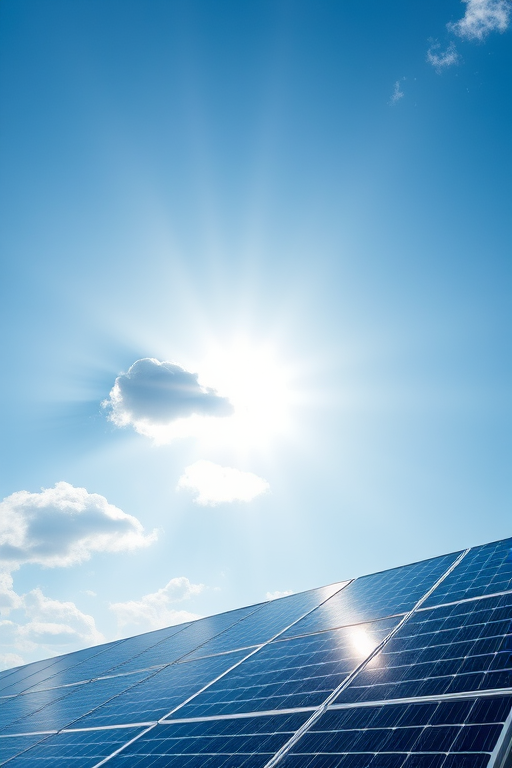 high-resolution image of solar panels under a bright blue sky with sun rays shining through clouds, shot at an angle to emphasize the panels, using a DSLR camera with a 24mm lens, aperture set to f/8, ISO 100, shutter speed 1/500s, in natural light conditions.