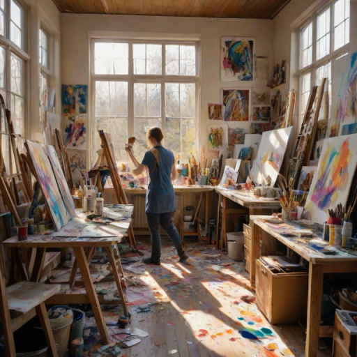 Artist’s studio, cluttered with canvases and paint supplies, a painter focused on a large canvas, sunlight streaming through tall windows, illuminating the vibrant colors of the paint and the creative chaos.