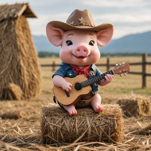 A chibi pig, dressed as a cowboy, playing guitar, sitting on a hay bale