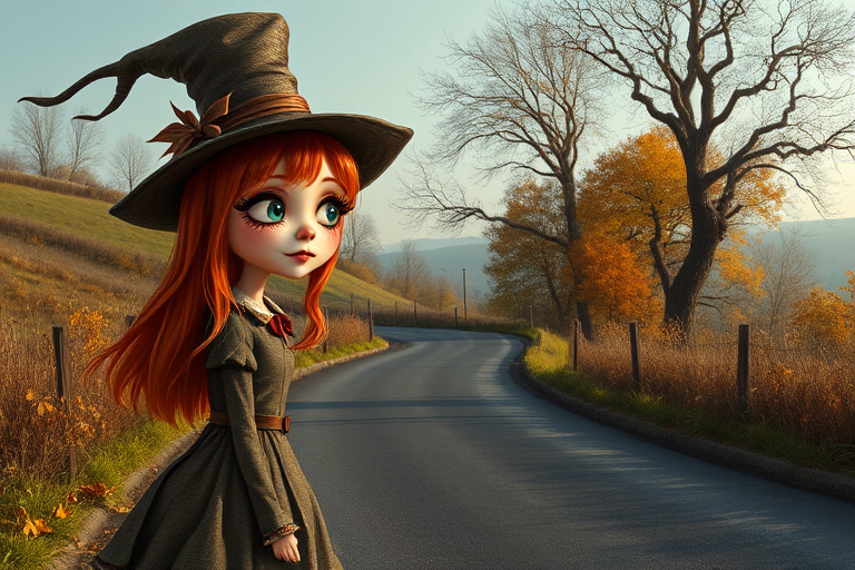 digital art fantasy depicting a strange girl with orange hair, long eyelashes, brown lipstick and a tall hat walking along a winding road on an autumn afternoon, an Oyster smiles as she passes