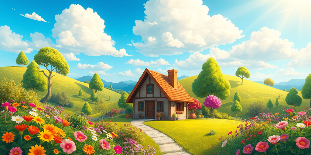 regenerate a colorful cartoon landscape featuring a charming house surrounded by vibrant flowers, green hills, and trees under a bright blue sky with fluffy clouds, using a high-resolution digital illustration style, with a focus on depth of field and soft lighting, captured with a virtual camera setting of 24mm lens, f/8 aperture, ISO 100, and high dynamic range for enhanced detail and vibrancy