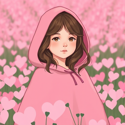 Create an illustration of a young girl with wavy brown hair wearing a pink hooded cloak, standing in a field of pink heart-shaped flowers, captured with a Canon EOS R5 at f/1.8, 50mm lens, in soft natural lighting, using a minimalist style.