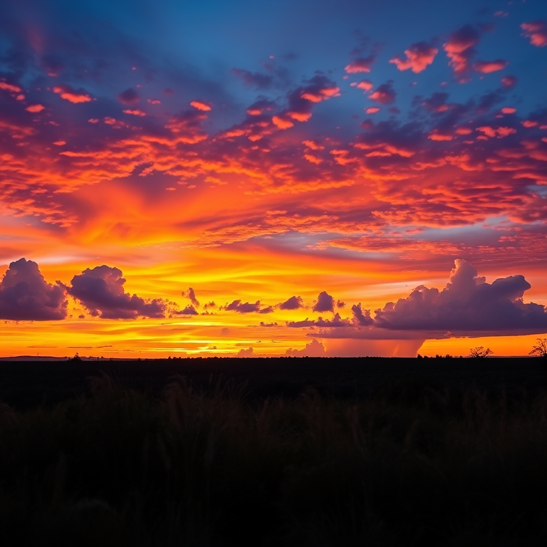 Create a high-resolution image of a serene landscape at sunset with vivid colors and detailed clouds, using a DSLR camera, 50mm lens, f/8 aperture, ISO 200, 1/125 shutter speed, shot from a low angle to emphasize the foreground and create depth.