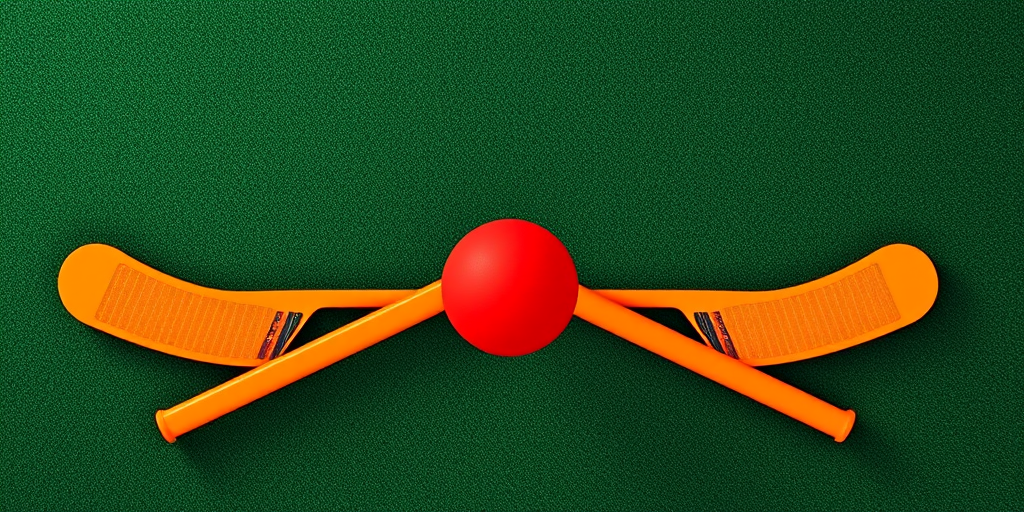 Create a high-resolution image of two crossed hockey sticks in vibrant orange, with a red ball centered below them, using a DSLR camera at f/4 aperture, ISO 100, 50mm lens, shot from a top-down view with soft natural lighting for enhanced detail and clarity.