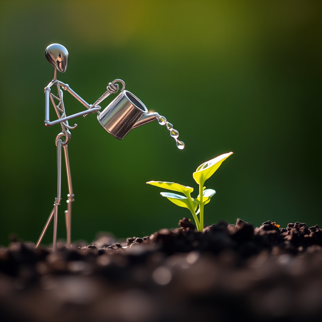 A metal figurine of a person, constructed from thin, silver rods, stands on the left side of the image, facing the viewer. The figurine is holding a small watering can and pouring water onto a young plant, with a few droplets in the air. The plant, with lush green leaves, is situated in the center, growing from dark soil. The background is a soft, out-of-focus blur of green, illuminated by warm, natural light.  The composition creates a sense of depth and intimacy. The image evokes feelings of growth, nurture, and hope.