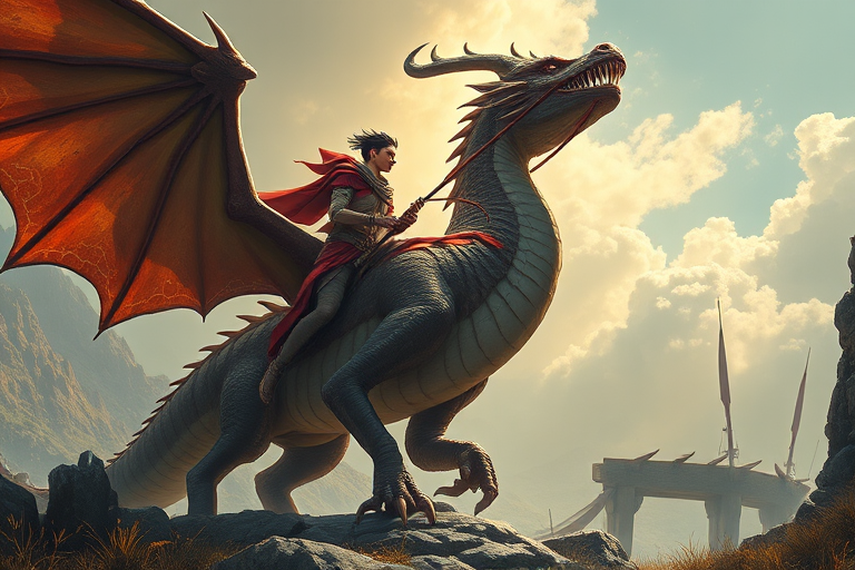 Create a highly detailed fantasy illustration of a humanoid rider on a large dragon-like creature in a vibrant, dynamic pose, captured with a Canon EOS 5D Mark IV, 50mm lens, f/1.8 aperture, ISO 100, 1/200s shutter speed, using a low-angle view to emphasize grandeur and scale in a scenic environment.