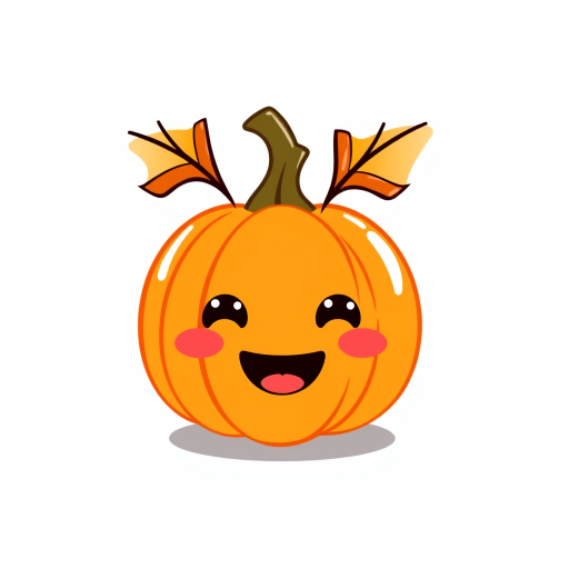 Create a kawaii-style pumpkin with a cheerful, happy face and rosy cheeks. The pumpkin should be vibrant orange with a shiny texture. Design it to be cute and playful, ideal for a light-hearted Halloween or autumn theme, with a simple and whimsical expression.