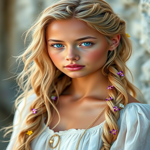 Create an image of a young Micronesian woman with long, wavy blonde hair, adorned with small, colorful flowers woven into her braids and loose strands. Her complexion is fair, with soft, glowing skin, and she has light blue eyes that gaze softly at the viewer. She wears a light, flowing dress with a gentle, ethereal quality, complementing her delicate and serene appearance. The background is slightly blurred, drawing focus to her tranquil expression and the intricate details of the flowers in her hair. The overall mood of the image is one of natural beauty and grace, evoking a sense of peacefulness and connection with nature.