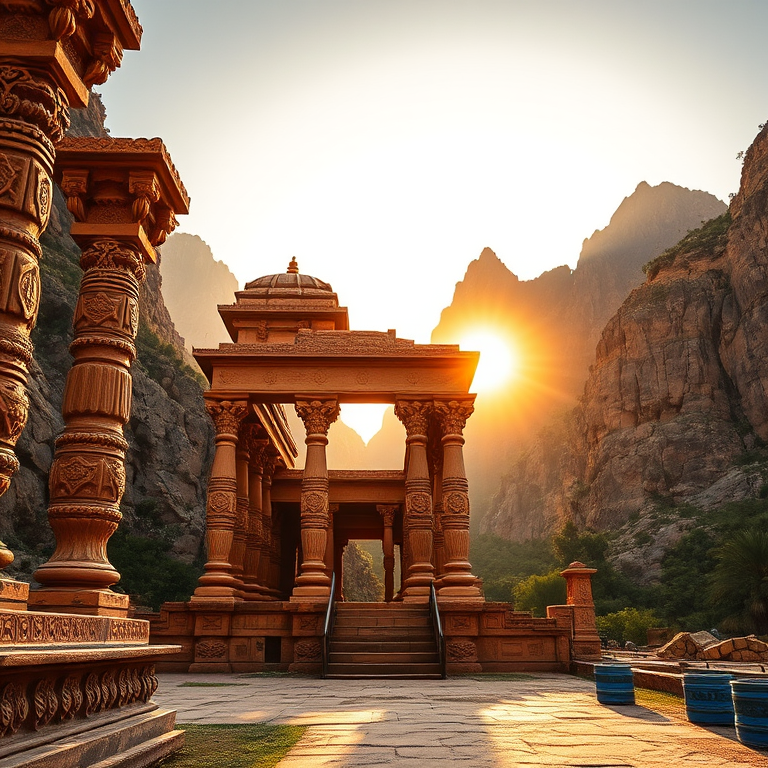 Create a serene image of an ancient temple surrounded by majestic mountains during golden hour with soft sunlight filtering through intricately carved pillars, using a wide-angle lens, f/8 aperture, ISO 100, 24mm focal length, and a DSLR camera for enhanced clarity and depth.