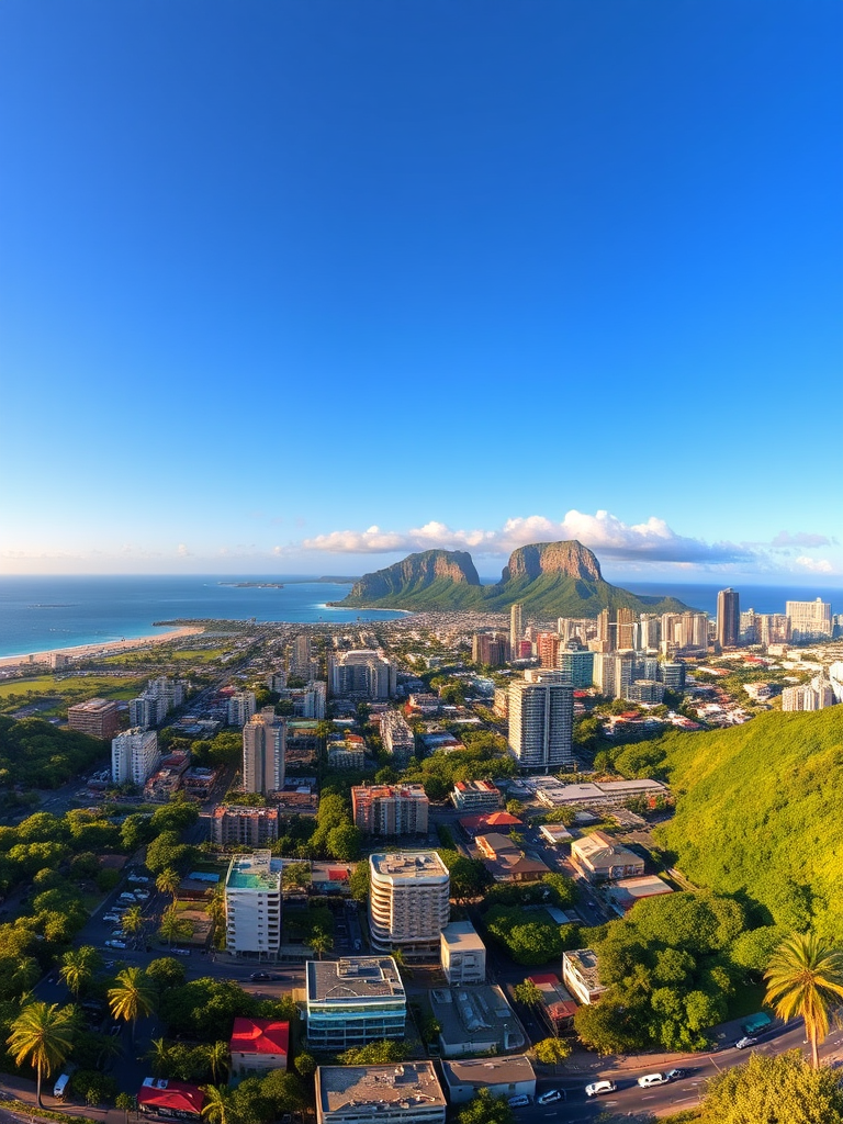 high-resolution panoramic view of Honolulu with Diamond Head in the background, shot from a high vantage point at sunrise, using a DSLR camera with a 24mm lens, aperture f/8, ISO 200, shutter speed 1/200s, clear blue skies and vibrant colors, emphasizing the lush landscape and cityscape details
