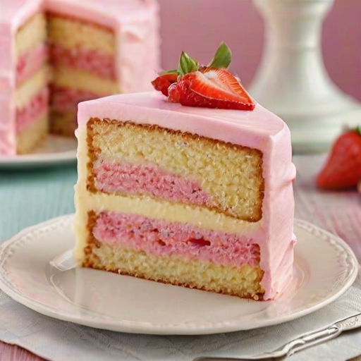 Create an image of a slice of layered cake with a light yellow sponge and pink frosting. The cake should have a smooth texture and be garnished with fresh strawberries and a lemon slice on the side. The background should be soft and pastel-colored to emphasize the cake's vibrant appearance.