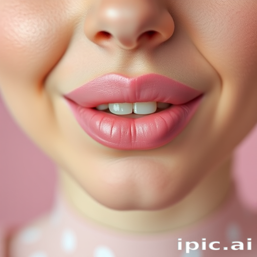 Whimsical pastel pink lips with a matte finish, adorned with delicate white polka dots, creating a playful and feminine look in a retro-inspired portrait