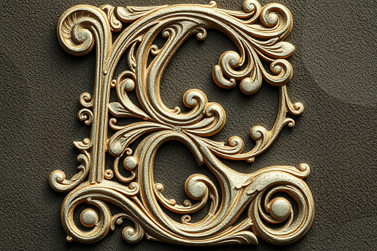 Regenerate a high-resolution decorative letter "E" with intricate swirling patterns and filigree, using a DSLR camera with a 50mm lens, f/1.8 aperture, ISO 100, and natural lighting for enhanced detail and texture.