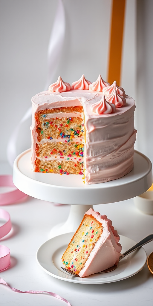 A beautifully decorated cake on a white cake stand with a slice cut out showing colorful sprinkles inside and topped with pink frosting served on a plate with a silver fork beside it and ribbons in the background.