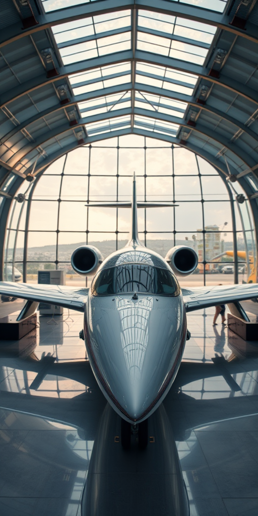 capture a high-resolution image of a sleek aircraft inside a modern glass pavilion showcasing reflections and natural light with a wide-angle lens at f/8, ISO 100, 1/200s, emphasizing the aircraft's design and surrounding exhibits