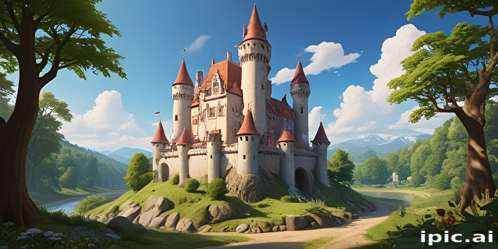 Majestic Fairytale Castle Surrounded by Lush Greenery and Rolling Hills