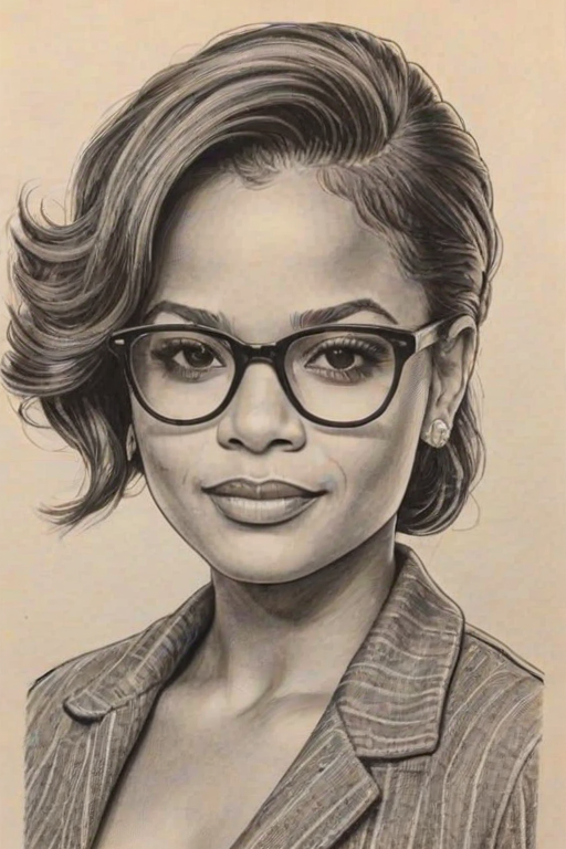 Charming Christina Milian, pencil sketch, portrait of Radiant woman 1952s in glasses, hair style beatnik, outline, clear lines, fine lines, 8k