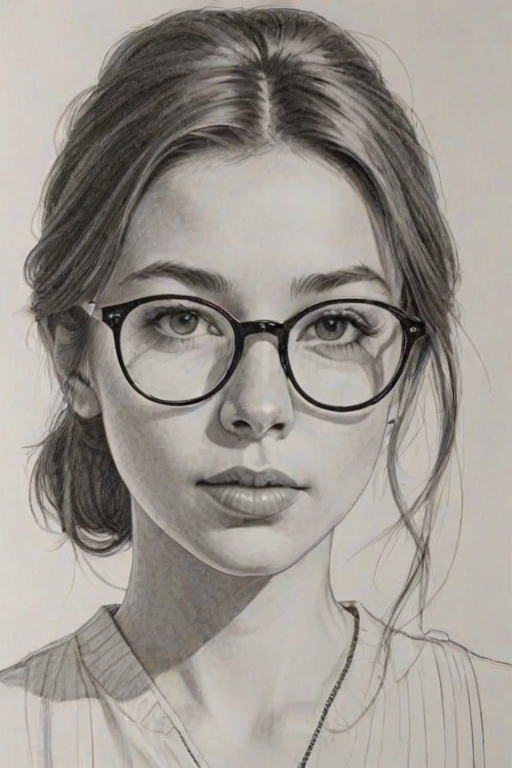 Sublime Katelyn Nacon, pencil sketch, portrait of Enticing woman 1962s in glasses, hair style beatnik, outline, clear lines, fine lines, 8k