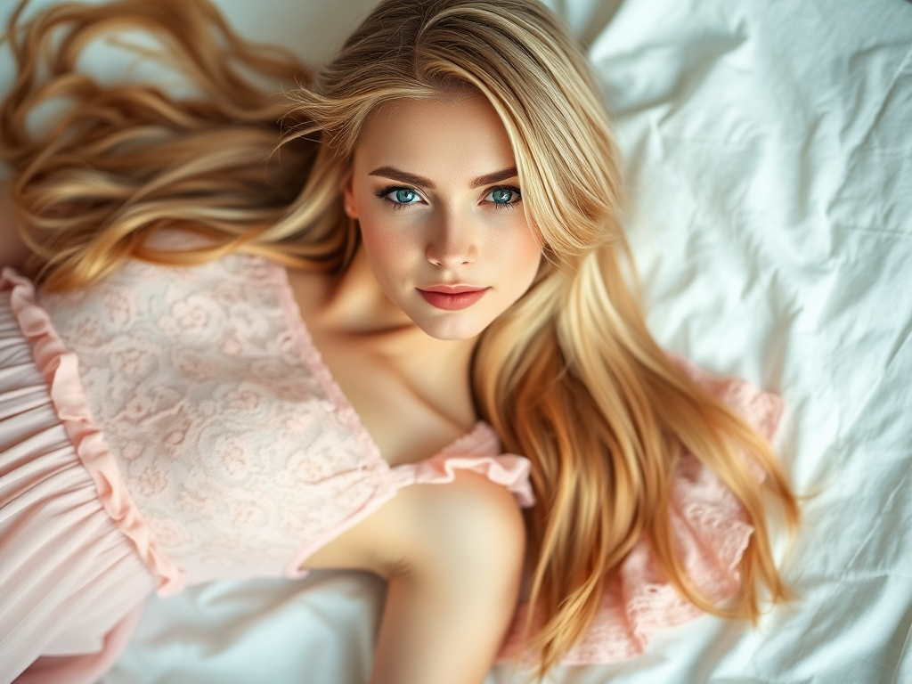 Regenerate a portrait of a model with long blonde hair lying on soft white fabric, wearing a delicate pink lace dress with ruffles, soft natural lighting, focal length 50mm, aperture f/1.8, ISO 100, using a full-frame DSLR camera for high detail.
