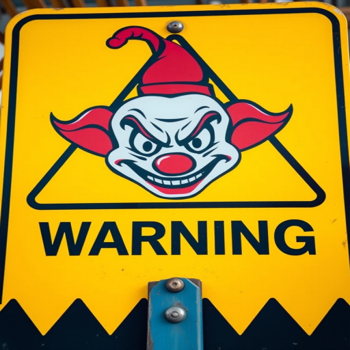 Create an image of a warning sign featuring a cartoonish clown face with an angry expression, bright yellow background, high contrast, captured using a DSLR camera with a 50mm lens, f/1.8 aperture, ISO 100, and natural lighting for enhanced clarity.