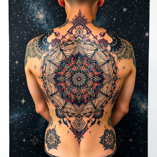 Cosmic sacred geometry tattoo incorporating intricate mandalas and fractal patterns, blending seamlessly with a starry night sky backdrop for a mesmerizing full-back masterpiece