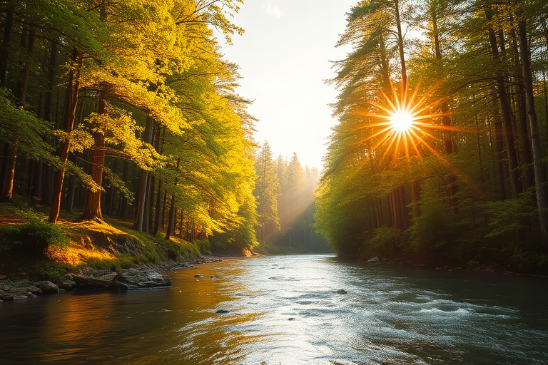 Create an image of a serene, sunlit forest scene with a clear, gently flowing river. Tall trees with lush green foliage line both sides of the river, their leaves bathed in the warm golden light of the setting or rising sun. The sunlight filters through the trees, casting soft, dappled light on the river, which flows over smooth rocks and pebbles, creating a peaceful, natural atmosphere. The sky is bright with a few scattered clouds, and the overall mood is tranquil, evoking a deep sense of connection with nature. The image captures the beauty of a calm, pristine forest landscape at either dawn or dusk.