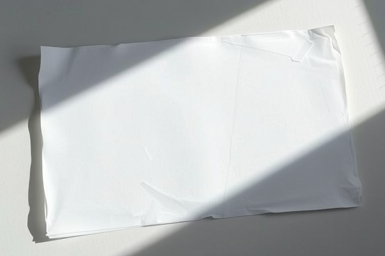 Create a high-resolution image of a blank sheet of paper with light reflections, using a DSLR camera at f/2.8, ISO 100, with a 50mm lens, shot from a top-down angle to enhance clarity and details.