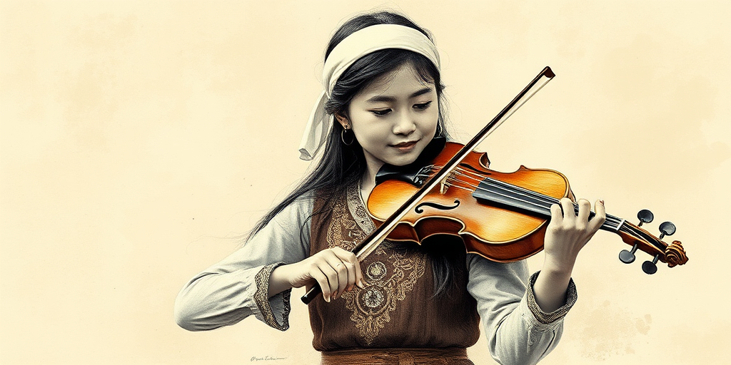 a young Kyrgyz woman with a white headband playing a violin, in the style of a charcoal drawing, sepia grunge background