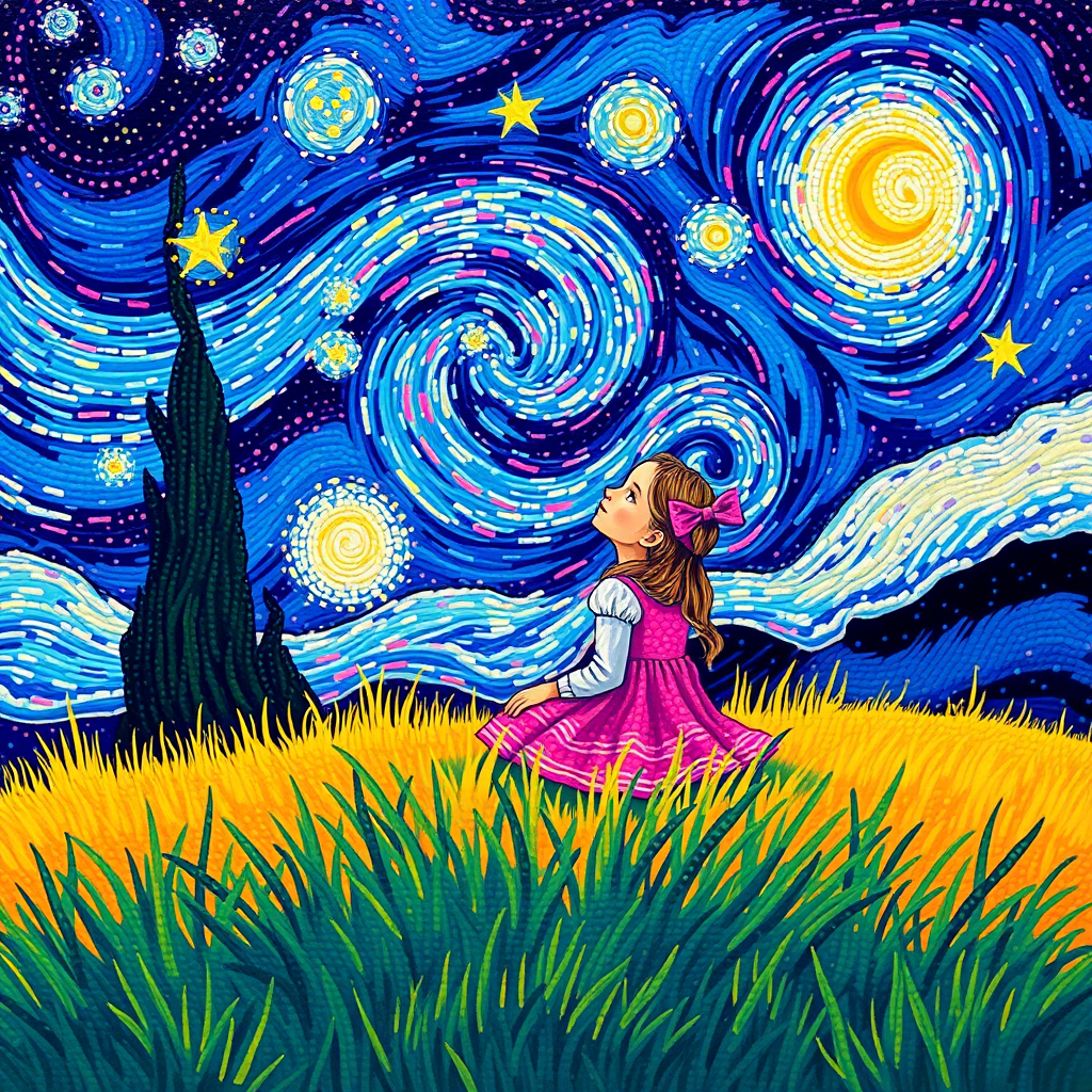 A young girl sitting on a grassy hill, looking up at the starry night sky painted in the style of Vincent Van Gogh's famous "Starry Night". The entire image is composed of tiny dots, giving it a dreamlike and illusionary quality. The girl is surrounded by vibrant colors and swirls in the sky, with stars twinkling above her