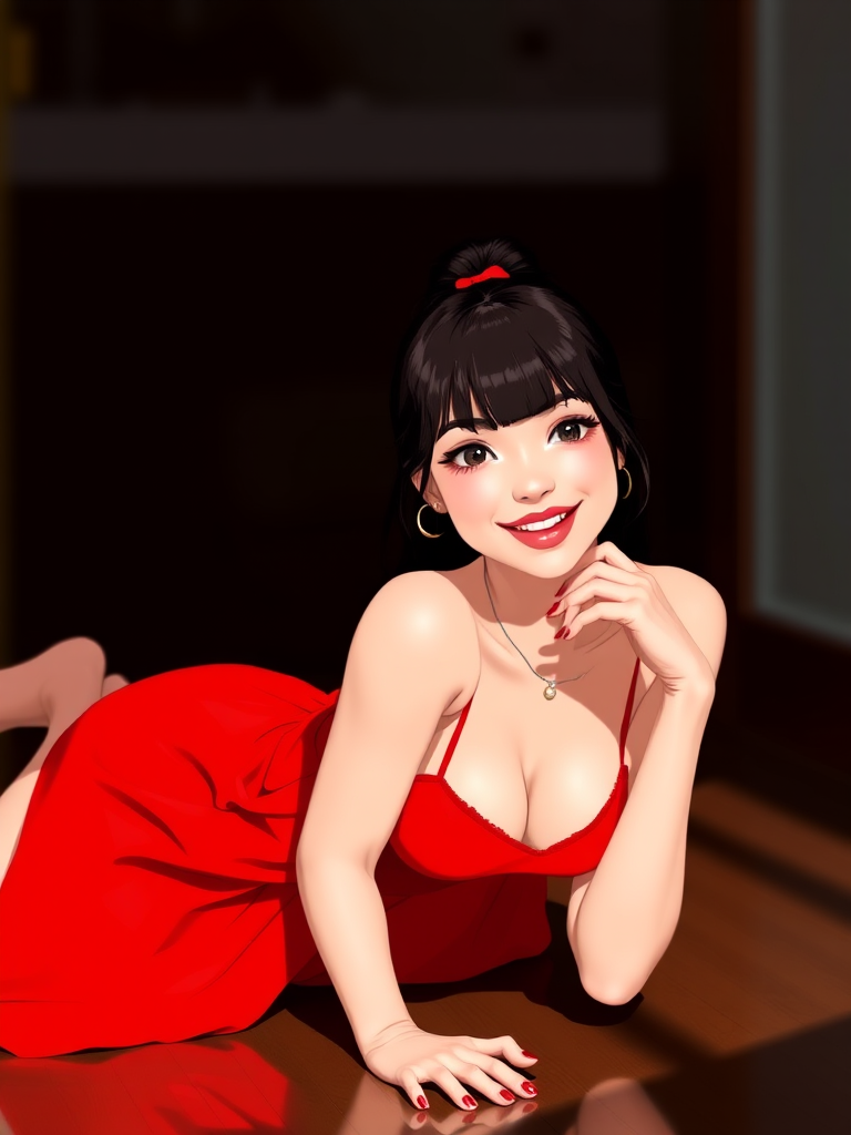 Generate a high-resolution digital illustration of a stylized woman in a red dress, posed on all fours with a playful expression, using a soft focus lens, 50mm focal length, f/2.8 aperture, and natural lighting for a vibrant look.